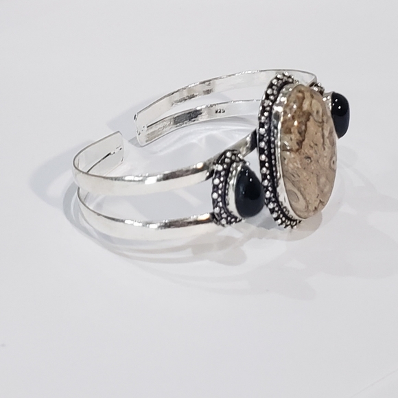 Chalcedony bracelet, 925 silver rock chalcedony black onyx adjustable bangle - Picture 4 of 15